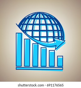 Declining graph with earth. Vector. Sky blue icon with defected blue contour on beige background.