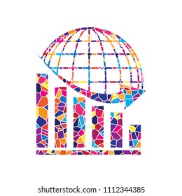 Declining graph with earth. Vector. Stained glass icon on white background. Colorful polygons. Isolated.