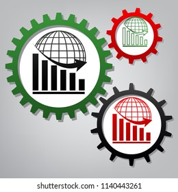 Declining graph with earth. Vector. Three connected gears with icons at grayish background.