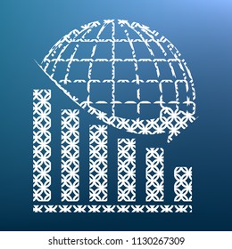 Declining graph with earth. Vector. White textured icon at lapis lazuli gradient background.