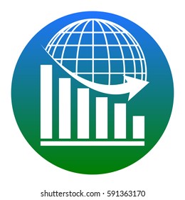 Declining graph with earth. Vector. White icon in bluish circle on white background. Isolated.