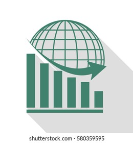 Declining graph with earth. Veridian icon with flat style shadow path.