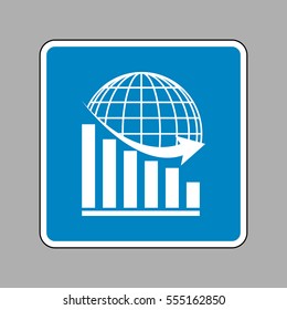 Declining graph with earth. White icon on blue sign as background.