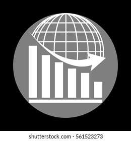 Declining graph with earth. White icon in gray circle at black background. Circumscribed circle. Circumcircle.