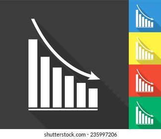 declining graph icon - gray and colored (blue, yellow, red, green) vector illustration with long shadow