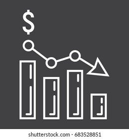 Declining graph line icon, business and finance, chart sign vector graphics, a linear pattern on a black background, eps 10.
