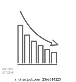 Declining graph line icon. Decrease diagram symbol of bankrupt, Financial Economy investment crisis, low profit sale growth. Editable stroke. Vector illustration. Design on white background. EPS 10
