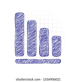 Declining graph line icon. Hand drawn sketched picture with scribble fill. Blue ink. Doodle on white background