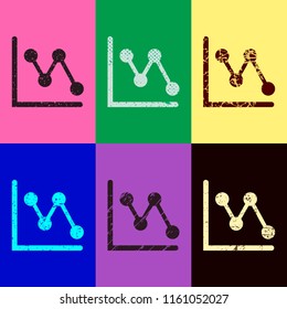 Declining graph line icon. Pop art style. Scratched icons on 6 colour backgrounds. Seamless pattern
