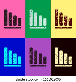 Declining graph line icon. Pop art style. Scratched icons on 6 colour backgrounds. Seamless pattern