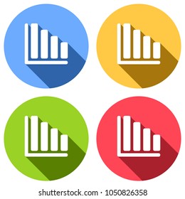 Declining graph line icon. Set of white icons with long shadow on blue, orange, green and red colored circles. Sticker style