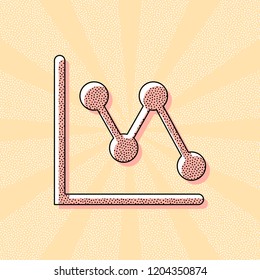 Declining graph line icon. Vintage retro typography with offset printing effect. Dots poster with comics pop art background