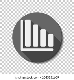 Declining graph line icon. White flat icon with long shadow in circle on transparent background