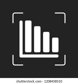 Declining graph line icon. White object in camera autofocus on dark background