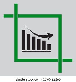 Declining graph sign. Black icon inside green crop tool at light gray background