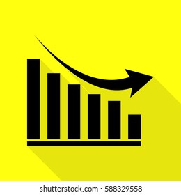 Declining graph sign. Black icon with flat style shadow path on yellow background.