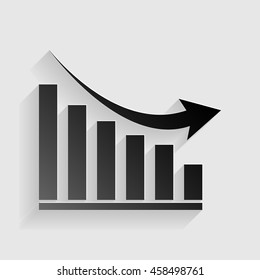 Declining graph sign. Black paper with shadow on gray background.