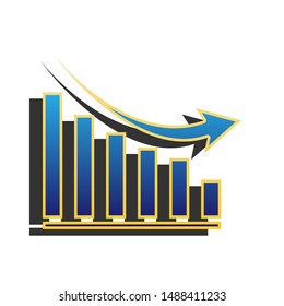 Declining graph sign. Blue icon with gold contour with dark gray shadow at white background. Illustration.