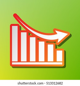 Declining graph sign. Contrast icon with reddish stroke on green backgound.