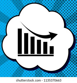 Declining graph sign. Vector. Black icon in bubble on blue pop-art background with rays.