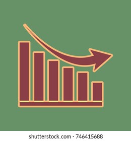 Declining graph sign. Vector. Cordovan icon and mellow apricot halo with light khaki filled space at russian green background.