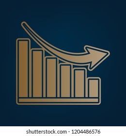 Declining graph sign. Vector. Golden icon and border at dark cyan background.