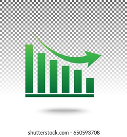 Declining graph sign. Vector. Green gradient icon with shadow at bottom on transparent and white background.