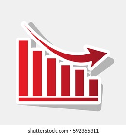 Declining graph sign. Vector. New year reddish icon with outside stroke and gray shadow on light gray background.