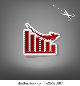 Declining graph sign. Vector. Red icon with for applique from paper with shadow on gray background with scissors.