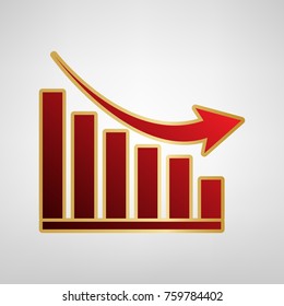 Declining graph sign. Vector. Red icon on gold sticker at light gray background.