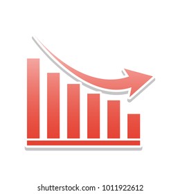 Declining graph sign. Vector. Reddish icon with white and gray shadow on white background. Isolated.