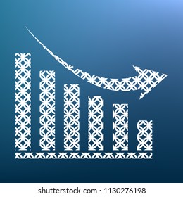 Declining graph sign. Vector. White textured icon at lapis lazuli gradient background.