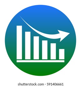 Declining graph sign. Vector. White icon in bluish circle on white background. Isolated.
