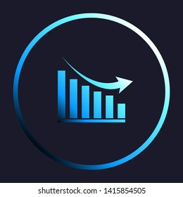 Declining graph sign. White, cyan and blue gradient icon as round button in white shell at dark blue background. Illustration.