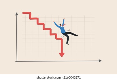 Declining income graph financial crisis rate. Declining Income Chart economic slowdown. investment risk fund management.  Businessmen or investors fall from the top on graph.