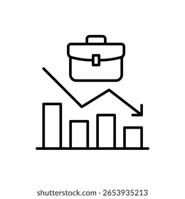 Declining Job Market Icon. Outline Style. Vector. Briefcase with Downward Bar Graph. Labor Shortage Problem. Employment Drop. Career Crisis Symbol. Business Productivity Decline Illus