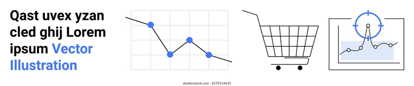 A declining line chart, a shopping cart, and a sales chart indicate business analytics, e-commerce performance, and market trends. Ideal for business, finance, e-commerce, data analytics