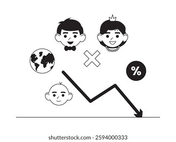 Declining marriage and birth rates are making the country underpopulated, black and white semi outline style, vector illustration.