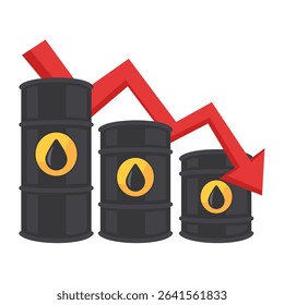 Declining Oil Prices Concept with Oil Barrels and Red Downward Arrow Indicating Market Trends and Economic Impact