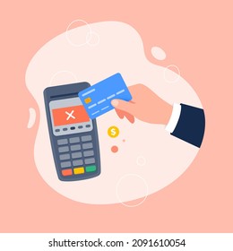 Declining payment at POS terminal. Contactless payment by card, EMV chip payment method concept. Vector flat illustration.