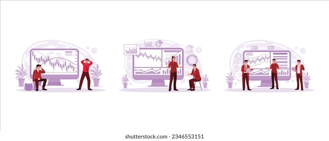 The declining stock market, stock market analysis for investment strategy, and a stockbroker with a computer screen with graphs. Stock market concept. Set Trend Modern vector flat illustration
