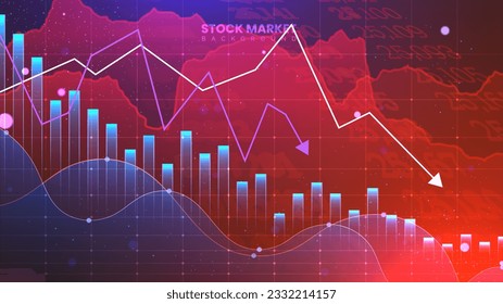 Declining stock market investment illustration, bankrupt financial information concept with arrows pointing down. Loss business statistics in red color
