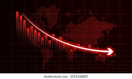 Declining stock market investment illustration, bankrupt financial information concept with arrows pointing down. Loss business statistics in red color