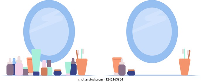 Declutter bathroom vector illustration. Bath amenities and make up stuff before and after decluttering. Flat design isolated on  white background.