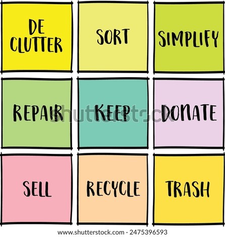 declutter concept, a set od inspirational reminder notes, lifestyle and personal development
