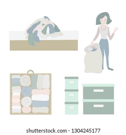 Declutter and Tidy up concept vector icon set. Closet organization illustration. Woman with bag decluttering and tidying her clothes. Before after. Drawer with folded clothes. Storage boxes