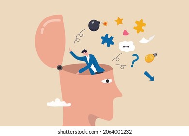 Declutter your mind, clear your brain to regain focus improve creative thinking ability, free up memory concept, ambitious businessman declutter, clean and clear all messy anxiety from his big head.