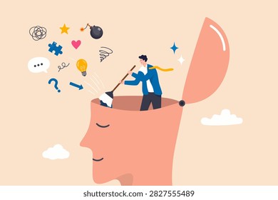 Declutter your mind, clear your brain to regain focus improve creative thinking ability, free up memory concept, ambitious businessman declutter, clean and VECTOR