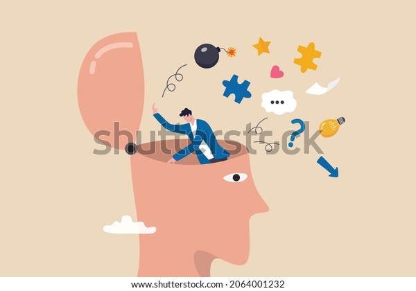Declutter your mind, clear your brain to regain\
focus improve creative thinking ability, free up memory concept,\
ambitious businessman declutter, clean and clear all messy anxiety\
from his big head.