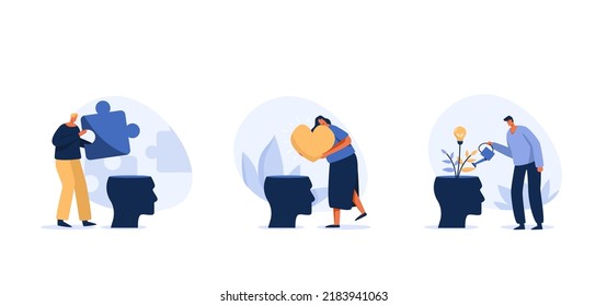 Declutter your mind. Watering plants with Big head human think growth mindset different fixed mindset. Drop the puzzle into the open head. Business Mind Set.  Flat character Illustration
